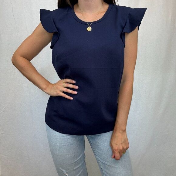 J. Crew Navy Blue Ruffle Sleeve Blouse Top - Picture 1 of 9